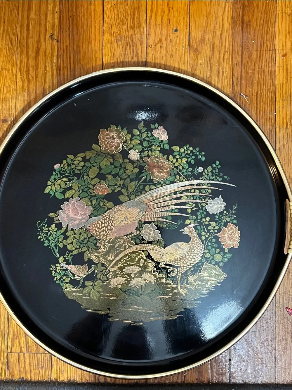 Vintage Japanese Black Lacquer Serving Tray – Peacock & Floral Design – 14” – Ma